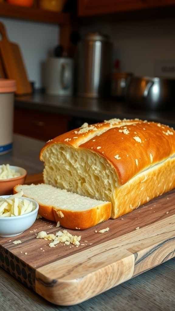 A loaf of Asiago cheese bread with a golden crust and soft interior, sliced on a wooden board with shredded cheese.